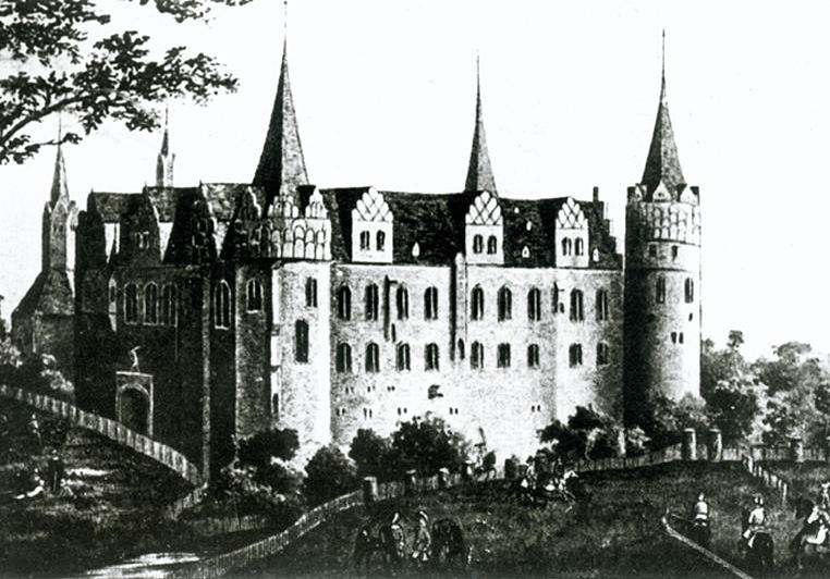 View of Moritzburg Castle prior to its destruction in the Thirty Years' War, engraving c. 1600 