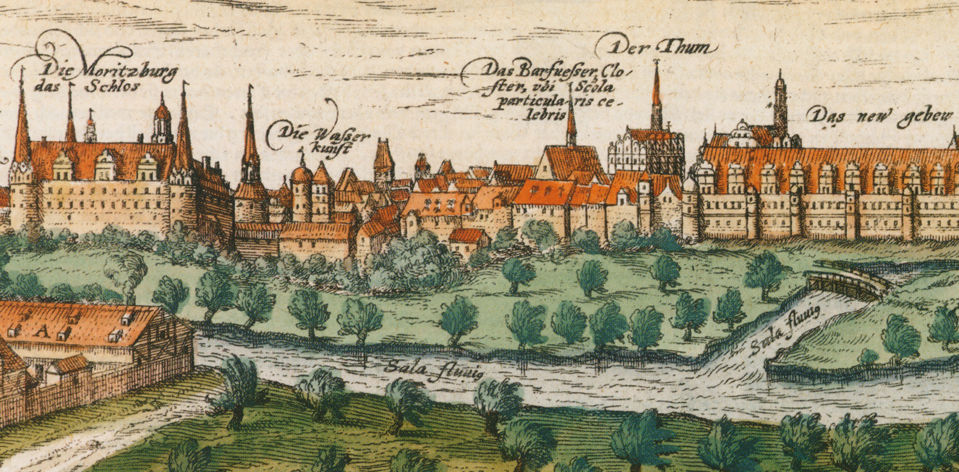 Coloured copperplate print in the style of Johannes Mellinger, Salinae Saxonicae, Halle in Saxony, c.1560 (detail) | © Halle an der Saale municipal archive