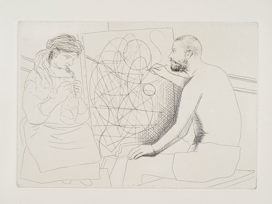 Pablo Picasso: Peintre et modèle tricotant (Maler und nähendes Modell), 1929, aus: Honoré de Balzac, Le Chef-d’œuvre inconnu, Paris 1931, Foto: Pedro R. Troyano © Succession Picasso/VG Bild-Kunst, Bonn 2023