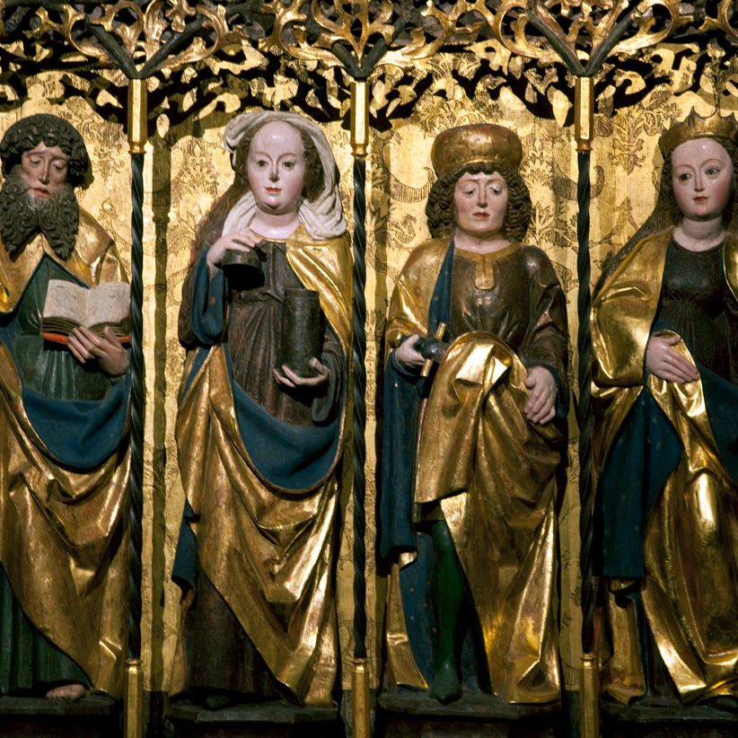 Atelier de Leipzig : Panneau central de l’autel de la vieille église du village de Pressel (détail), vers 1510, bois de tilleul peint, revêtement métallique, 140 x 131 cm, photo : Ludwig
