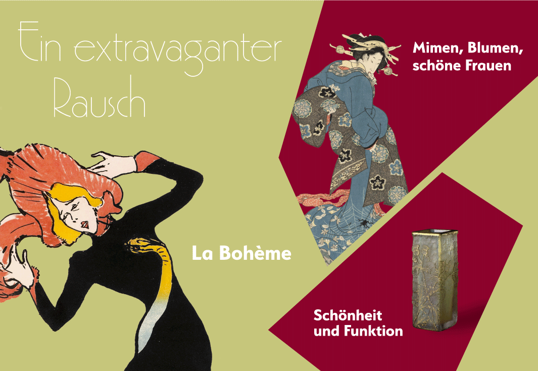 Das Bild zeigt das übergreifende Motto der drei Ausstellungen: „Ein extravaganter Rausch“