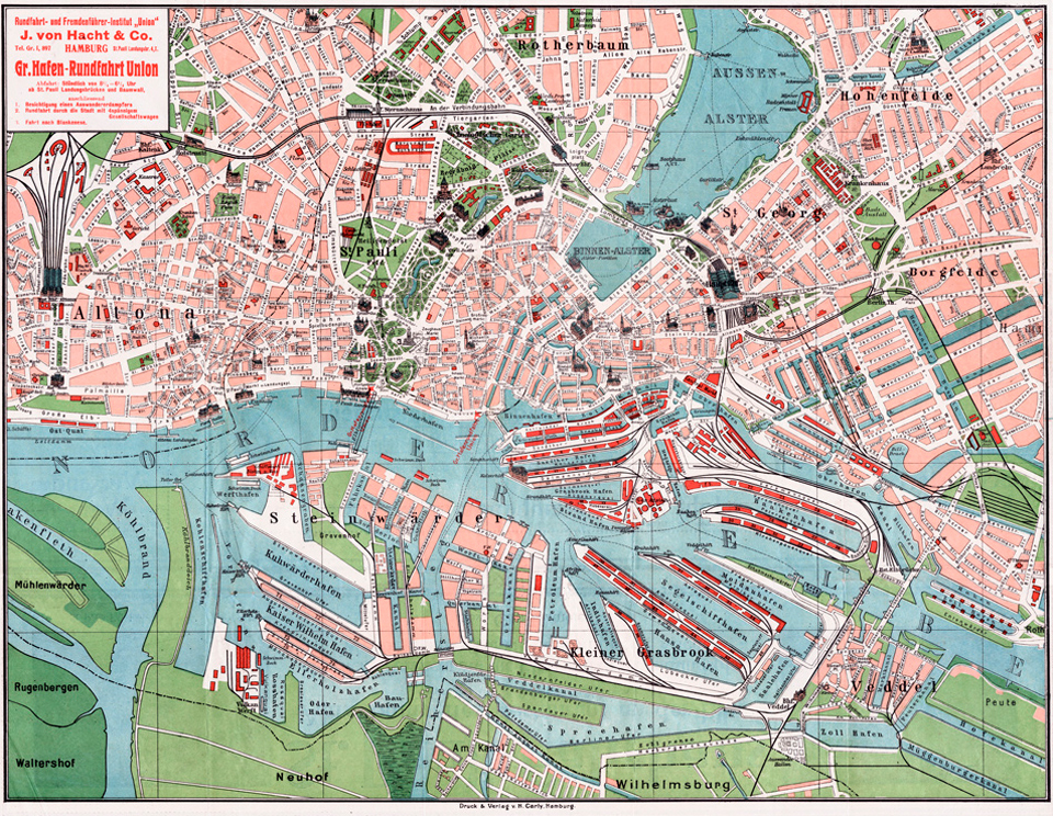 Historische Karte des Hamburger Hafens um 1910, herausgegeben vom Rundfahrt- und Fremdenführer-Institut ‚UNION‘, J. von Hacht & Co., zeigt Hafenbecken, Werften, Lagerhäuser und angrenzende Stadtteile