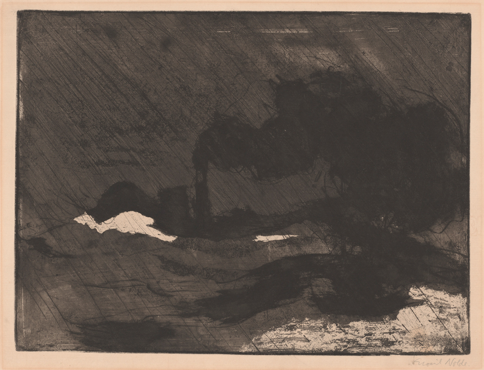 Radierung 'Dampfer' von Emil Nolde aus dem Jahr 1910 zeigt einen dunklen, schemenhaften Dampfer unter dramatischem Himmel mit starken Kontrasten.