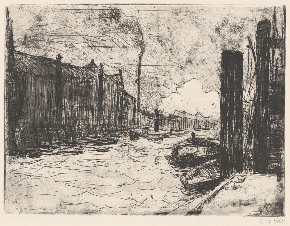 Radierung von Emil Nolde aus dem Jahr 1910 zeigt den Hamburger Freihafen mit Schiffen und Industriegebäuden am Wasser