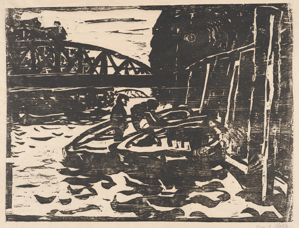 Holzschnitt von Emil Nolde aus dem Jahr 1910 zeigt zwei Männer am Freihafen Hamburg, die auf einem Boot arbeiten, mit einer Brücke im Hintergrund