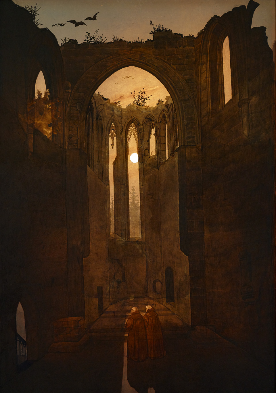 Caspar David Friedrich (zugeschrieben): Klosterruine Oybin, um 1810, Aquarell und Deckfarben auf Papier, teilweise mit Transparentpapier hinterklebt, 103 x 73 cm, Foto:  Punctum/Bertram Kober