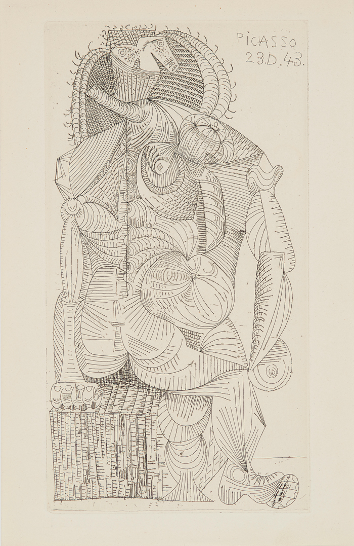 Pablo Picasso: Femme assise (Sitzende Frau), 1943, aus: Robert Desnós, Contrée, Paris 1944, Foto: Pedro R. Troyano © Succession Picasso/VG Bild-Kunst, Bonn 2023
