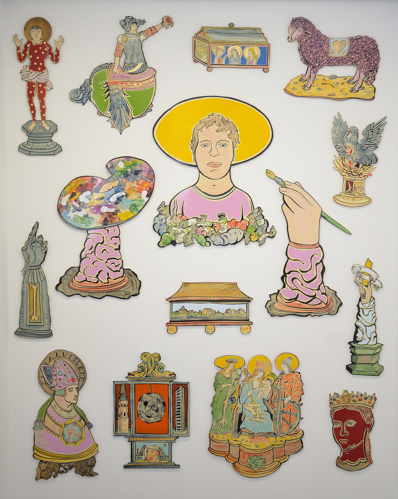 Moritz Götze: "Hallesches Heilthum", 2014, Emailinstallation: Email-Acrylfarben auf Industrieemail, alle 33 Teile haben unterschiedliche Größen, Kulturstiftung Sachsen-Anhalt - Kunstmuseum Moritzburg Halle (Saale), Foto: Kulturstiftung Sachsen-Anhalt, Siegfried Gergele © VG Bild-Kunst, Bonn 2020
