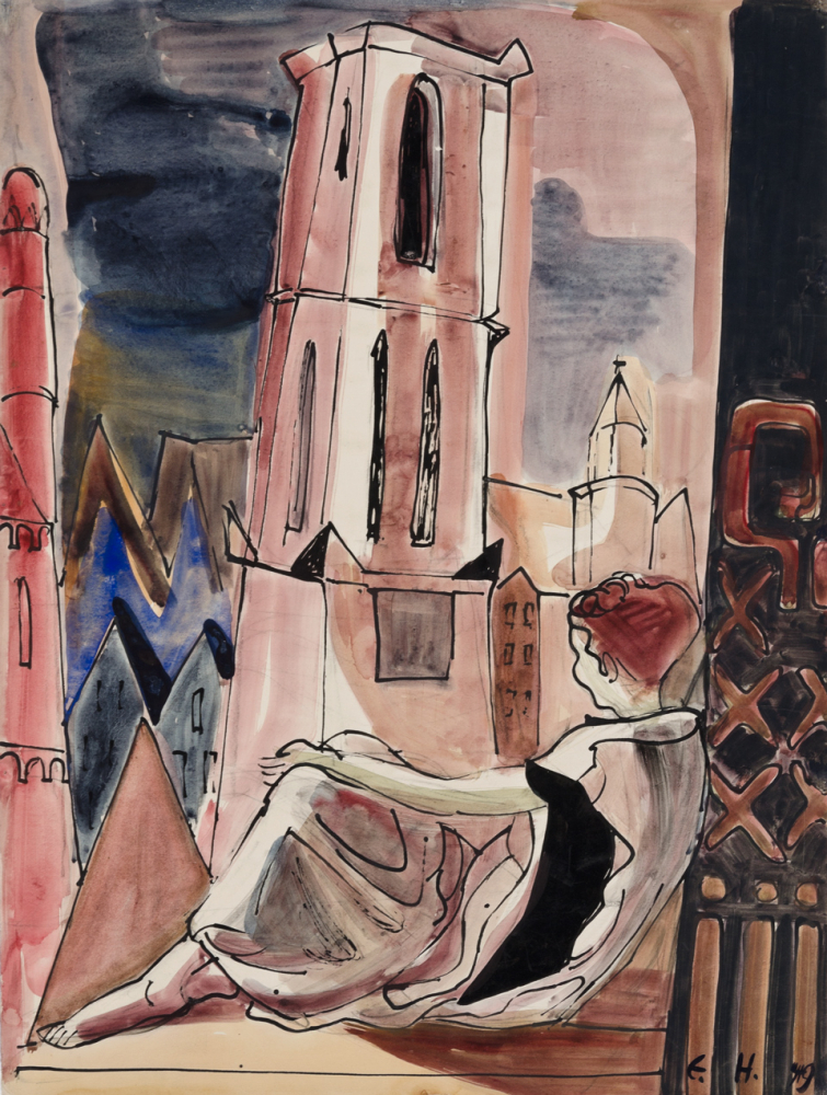 Erwin Hahs: Architektur, 1949, Aquarell, Feder in Tusche über Bleistift, 72,5 × 54,5 cm, Privatbesitz, Foto: Angela Dolgner © Nachlass Erwin Hahs