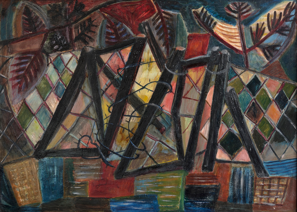 Erwin Hahs: Das verlorene Paradies, 1959, Öl, Lack, auf Hartfaser, 57,3 × 80 cm, Kulturstiftung Sachsen-Anhalt, Kunstmuseum Moritzburg Halle (Saale), Foto: Angela Dolgner © Nachlass Erwin Hahs