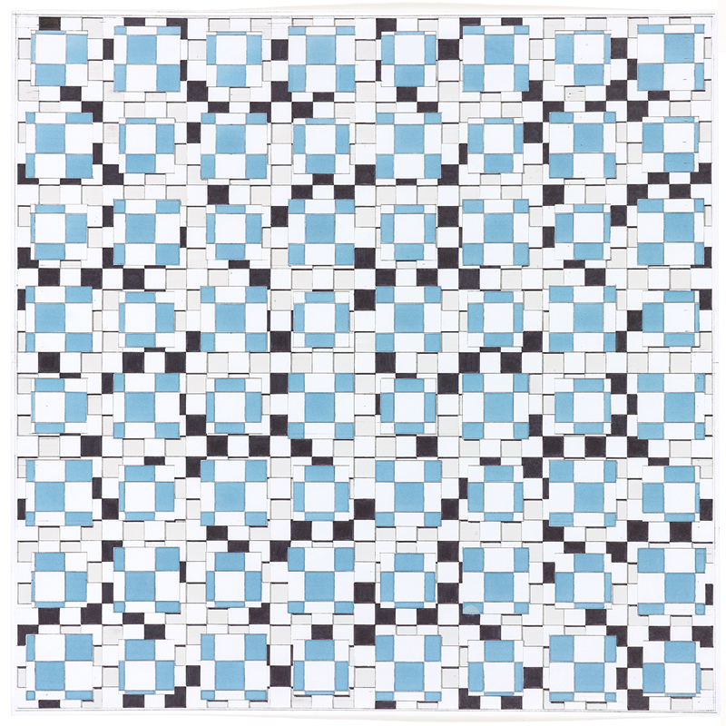Ludwig Ehrler: Rasterverschiebung blau, schwarz, roh-weiß (073), vor 1996, Xerokopie auf Papier, handkoloriert, Blattmaß 680 x 680 mm, Kulturstiftung Sachsen-Anhalt, Kunstmuseum Moritzburg Halle (Saale), Foto: Punctum/Betram Kober © Nachlass Ehrler Ludwig Ehrler: Rasterverschiebung blau, schwarz, roh-weiß (073), vor 1996, Xerokopie auf Papier, handkoloriert, Blattmaß 680 x 680 mm, Kulturstiftung Sachsen-Anhalt, Kunstmuseum Moritzburg Halle (Saale), Foto: Punctum/Betram Kober © Nachlass Ehrler