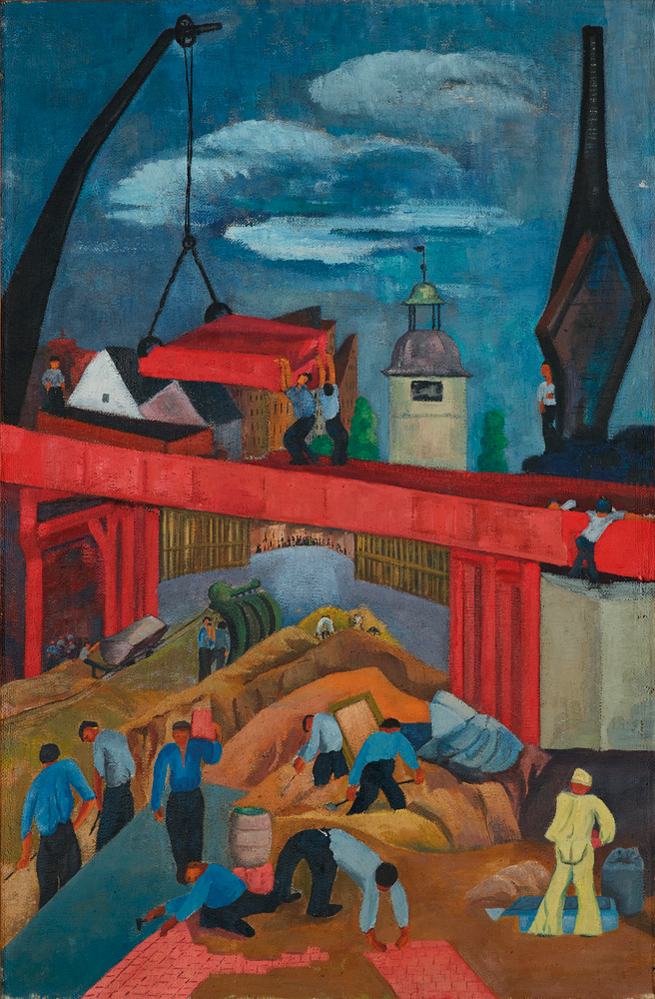 Annemarie Heise: Brückenbau Salzelmen, um 1935/1936, Kulturstiftung Sachsen‑Anhalt, Kunstmuseum Moritzburg Halle (Saale), Foto: Punctum/Bertram Kober
