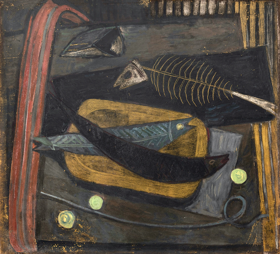Ulrich Knispel: Fischstillleben, um 1951, Öl auf Hartfaser, 94 x 104 cm, Privatbesitz, Foto: David Ertl © Nachlass Ulrich Knispel Ulrich Knispel: Fischstillleben, um 1951, Öl auf Hartfaser, 94 x 104 cm, Privatbesitz, Foto: David Ertl © Nachlass Ulrich Knispel
