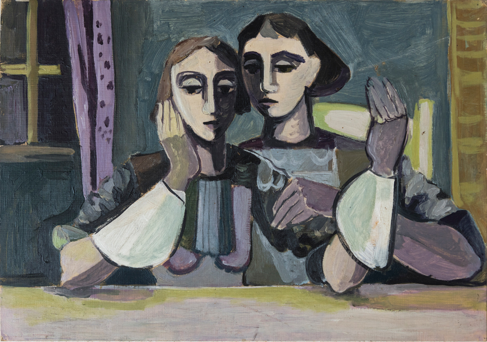 Erich Mälzner: Figuren am Tisch, Öl auf Karton, 32,5 x 47 cm, um 1958, Privatsammlung, Foto: Angela Dolgner © Nachlass Erich Maelzner Erich Mälzner: Figuren am Tisch, Öl auf Karton, 32,5 x 47 cm, um 1958, Privatsammlung, Foto: Angela Dolgner © Nachlass Erich Maelzner