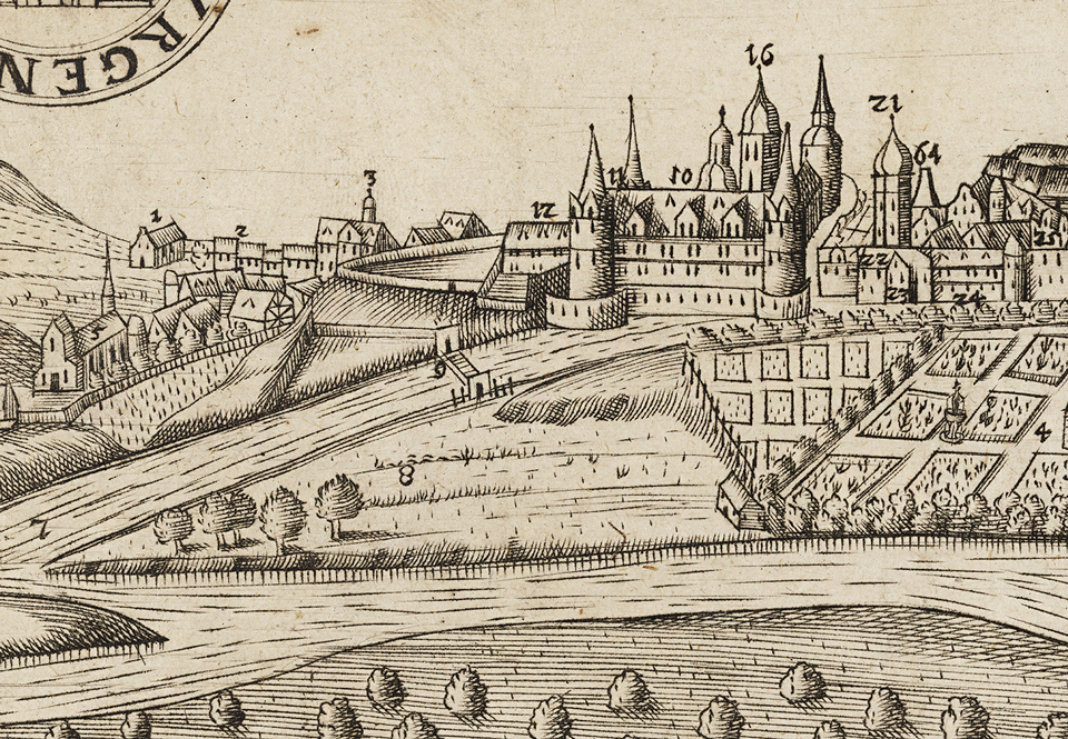 Ansicht der Moritzburg in Halle von Westen, Detail aus: Gottfried Olearius: Halygraphiae Topo-Chronologicae Pars Posterior, Das ist: Ort- und Zeit-Beschreibung der Stadt Hall in Sachsen Ander Theil, Leipzig 1667, Foto: SLUB Dresden/Deutsche Fotothek Ansicht der Moritzburg in Halle von Westen, Detail aus: Gottfried Olearius: Halygraphiae Topo-Chronologicae Pars Posterior, Das ist: Ort- und Zeit-Beschreibung der Stadt Hall in Sachsen Ander Theil, Leipzig 1667, Foto: SLUB Dresden/Deutsche Fotothek