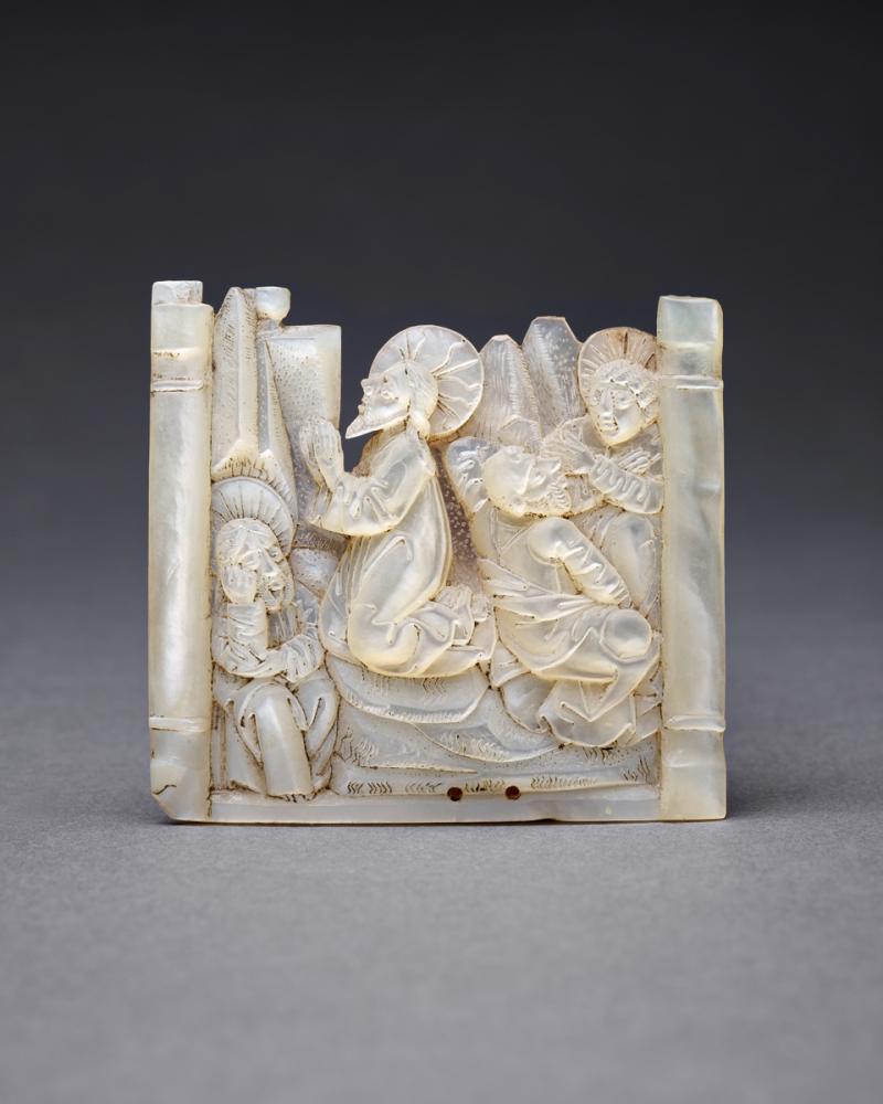 Perlmuttrelief „Christus am Ölberg“ aus dem Halleschem Heiltum, 2. Hälfte 15. Jh., Perlmutt, 4,8 x 5,1 cm, Kulturstiftung Sachsen-Anhalt, Kunstmuseum Moritzburg Halle (Saale), Foto: Punctum/Bertram Kober Perlmuttrelief „Christus am Ölberg“ aus dem Halleschem Heiltum, 2. Hälfte 15. Jh., Perlmutt, 4,8 x 5,1 cm, Kulturstiftung Sachsen-Anhalt, Kunstmuseum Moritzburg Halle (Saale), Foto: Punctum/Bertram Kober
