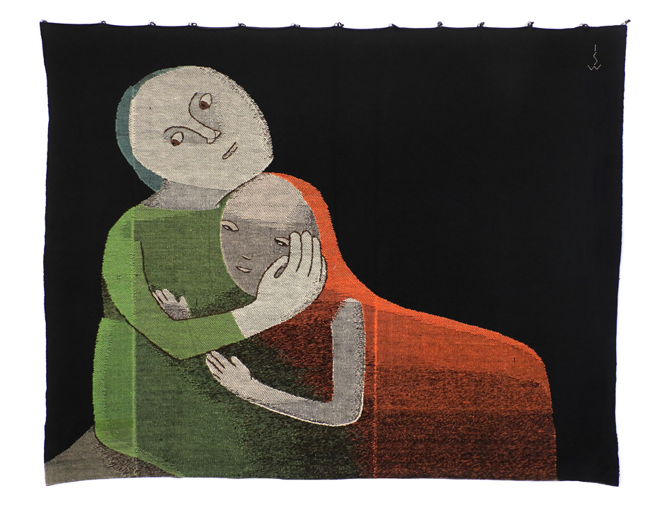 Johanna Schütz-Wolff: Bildteppich „Mutter und Kind II“, 1931, Halbgobelin, Wolle, Handweberei, 200 x 240 cm, Kulturstiftung Sachsen-Anhalt, Kunstmuseum Moritzburg Halle (Saale), Foto: Steffen Schellhorn © Nachlass Johanna Schütz-Wolff